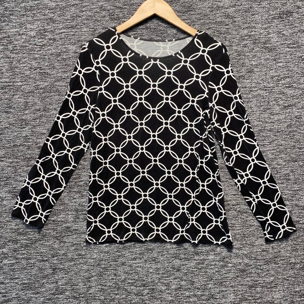 Chicos Ultimate Tee Women M Black Geometric Long Sleeve Stretch Top Office Chic